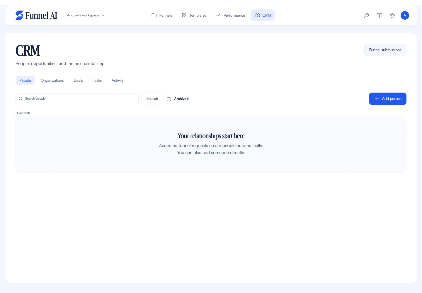 Funnel AI contact workspace, showing contact organization with sample content.