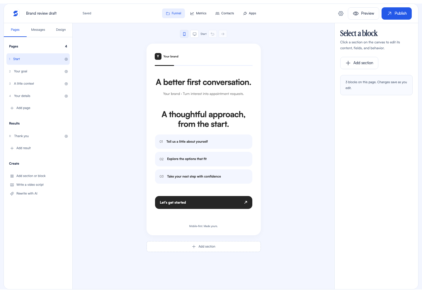 The Funnel AI visual editor, with a page list, mobile canvas and block inspector. Sample appointment journey.